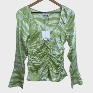 Ganni NWT Green White Silk Satin Ruched Top Size 36